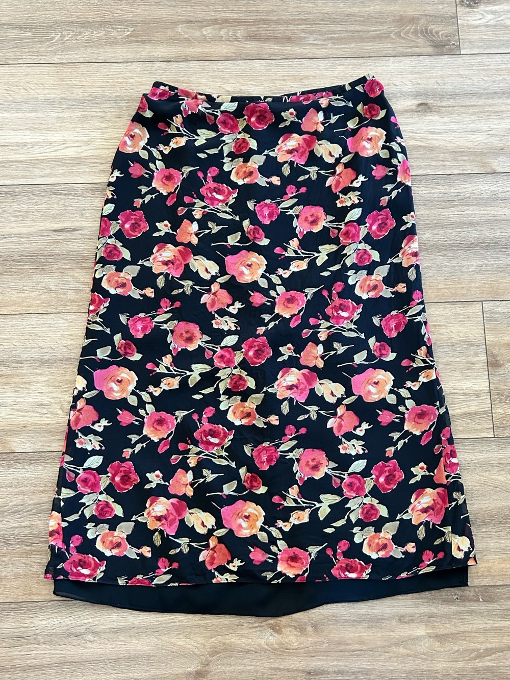 Ann Taylor 100% Silk MIDI Skirt Pink Peach Floral Print Vintage 90s